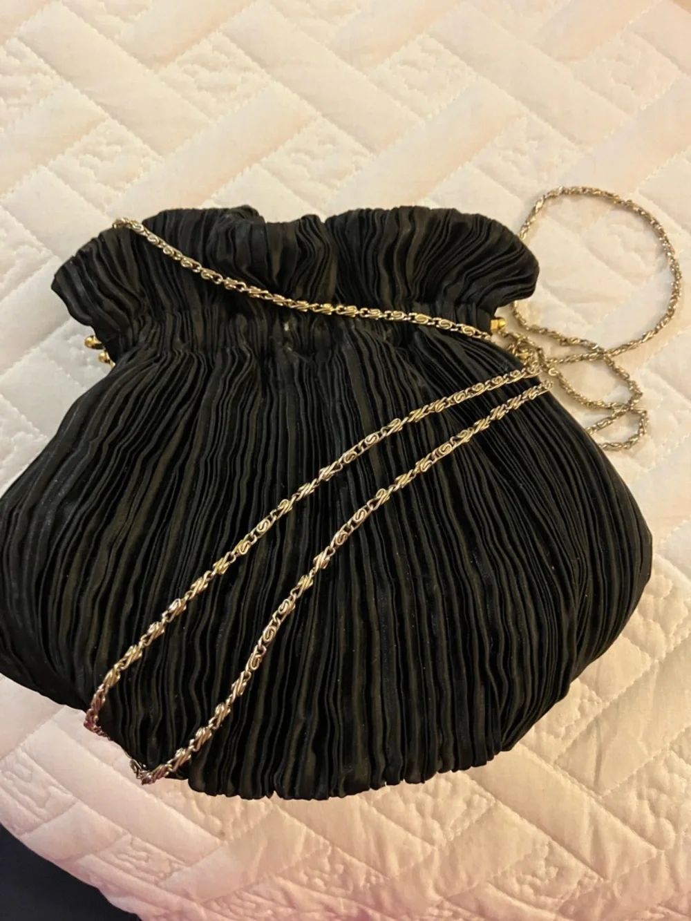 Elegant Black Pleated Evening Clutch with Gold Chain - Picture 1 of 8
